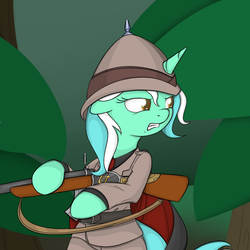 Size: 1000x1000 | Tagged: safe, artist:theparagon, lyra heartstrings, pony, unicorn, semi-anthro, g4, angry, bipedal, clothes, crossover, explorer, female, floppy ears, glare, gritted teeth, gun, hat, helmet, hoof hold, human hunter, jumanji, looking back, mare, pith helmet, rifle, solo, van pelt, weapon