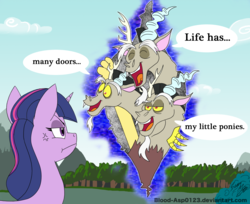 Size: 2363x1932 | Tagged: safe, artist:blood-asp0123, discord, twilight sparkle, draconequus, pony, abomination, annoyed, cross-popping veins, dialogue, discord being discord, duo, ed edd n eddy, life has many doors, meme, multiple heads, one + one = ed, parody, reference, rolf, speech bubble, three heads, twilight sparkle is not amused, unamused, wat, what has magic done, what has science done, xk-class end-of-the-world scenario