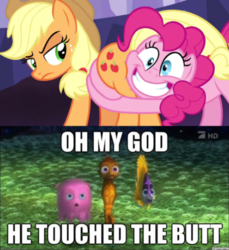 Size: 501x547 | Tagged: safe, edit, edited screencap, screencap, applejack, pinkie pie, fish, octopus, seahorse, g4, shadow play, butt touch, butthug, disney, faceful of ass, finding nemo, he touched the butt, hug, pinkie hugging applejack's butt, pixar, raised eyebrow