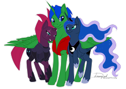 Size: 2912x2059 | Tagged: safe, artist:dreamyartcosplay, princess luna, tempest shadow, oc, oc:prince lightning chaser, alicorn, pony, unicorn, g4, my little pony: the movie, alicorn oc, broken horn, canon x oc, ethereal mane, eye scar, female, grin, high res, hoof shoes, horn, male, mare, raised hoof, scar, shipping, smiling, spread wings, stallion, starry mane, wings