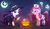 Size: 1637x943 | Tagged: safe, artist:agaberu, pinkie pie, rarity, earth pony, pony, spider, unicorn, g4, broom, candy, chromatic aberration, clothes, costume, dress, duo, eyeshadow, female, food, halloween, hat, holiday, jack-o-lantern, knife, lidded eyes, looking at you, makeup, mare, moon, mouth hold, night, nurse, pinkamena diane pie, pumpkin, scalpel, shoes, smiling, stars, witch, witch hat