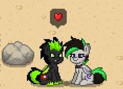 Size: 352x255 | Tagged: safe, oc, oc only, oc:envy dio, oc:night wing, bat pony, pony, pony town, fangs, female, love, male, shipping, sitting, stallion, stone, wings
