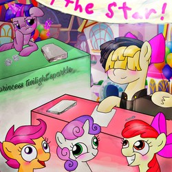 Size: 1024x1024 | Tagged: safe, artist:potatobug, derpibooru exclusive, apple bloom, scootaloo, songbird serenade, sweetie belle, twilight sparkle, alicorn, pony, g4, my little pony: the movie, autograph, cutie mark crusaders, derp, envy, faic, requested art, sweetie derp, twilight sparkle (alicorn)