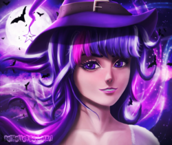 Size: 3000x2514 | Tagged: safe, artist:bellheller, twilight sparkle, human, g4, female, halloween, halloween costume, hat, high res, holiday, humanized, smiling, solo, witch, witch hat