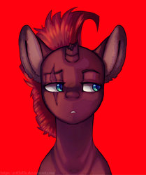 Size: 2363x2832 | Tagged: safe, artist:a-vomikaa, tempest shadow, pony, unicorn, g4, my little pony: the movie, broken horn, bust, eye scar, female, high res, horn, lidded eyes, looking away, looking sideways, mare, portrait, red background, scar, simple background, solo