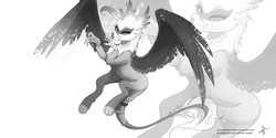 Size: 1600x800 | Tagged: safe, artist:wilvarin-liadon, oc, oc only, oc:swanlee, griffon, commission, female, flying, grayscale, looking at you, monochrome, one eye closed, patreon, piercing, solo, spread wings, tail ring, wings, wink, zoom layer