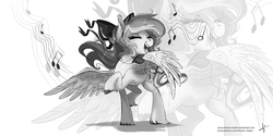 Size: 3464x1732 | Tagged: safe, artist:wilvarin-liadon, oc, oc only, pegasus, pony, commission, earbuds, eyes closed, female, grayscale, mare, monochrome, patreon, raised hoof, singing, solo, spread wings, unshorn fetlocks, wings, zoom layer