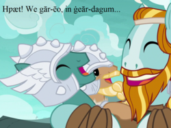 Size: 960x720 | Tagged: safe, edit, edited screencap, editor:korora, screencap, rockhoof, earth pony, pony, campfire tales, g4, season 7, beowulf, cropped, helmet, inconsistent spelling, laughing, male, old english, stallion, translated in the description