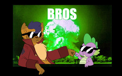 Size: 1484x924 | Tagged: safe, artist:carnifex, capper dapperpaws, spike, abyssinian, cat, dragon, anthro, g4, my little pony: the movie, brofist, chest fluff, clothes, coat, duo, explosion, sunglasses