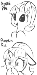 Size: 1650x3300 | Tagged: safe, artist:tjpones, starlight glimmer, pony, unicorn, g4, 2 panel comic, adventure in the comments, apple, apple pie, comic, cute, discussion in the comments, disgusted, drool, ear fluff, female, floppy ears, food, gagging, glimmerbetes, grayscale, incorrect opinion, mare, monochrome, nauseous, onomatopoeia, pie, pumpkin pie, simple background, smiling, solo, starry eyes, varying degrees of want, white background, wingding eyes