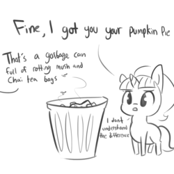 Size: 1650x1650 | Tagged: safe, artist:tjpones, starlight glimmer, fly, pony, unicorn, g4, dialogue, female, grayscale, incorrect opinion, missing cutie mark, monochrome, offscreen character, pumpkin pie, simple background, solo, south park, trash, trash can, white background