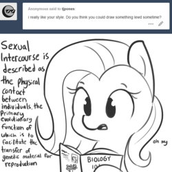 Size: 1650x1650 | Tagged: safe, artist:tjpones, fluttershy, pegasus, pony, g4, ask, biology, book, bust, dialogue, female, grayscale, hilarious in hindsight, hoof hold, lewd, monochrome, oh my, reading, sex education, simple background, solo, tumblr, white background