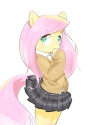 Size: 960x1280 | Tagged: safe, artist:30clock, fluttershy, pony, semi-anthro, g4, bipedal, clothes, cute, female, looking at you, moe, school uniform, shyabetes, simple background, skirt, skirt lift, smiling, solo, sweater, sweatershy, white background