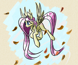 Size: 1512x1260 | Tagged: safe, artist:akweer, fluttershy, pegasus, pony, g4, colored sketch, female, flying, leaf, looking at something, mare, no pupils, solo, spread wings, wings