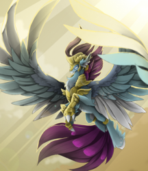 Size: 2177x2520 | Tagged: safe, artist:taiga-blackfield, stratus skyranger, classical hippogriff, hippogriff, my little pony: the movie, armor, chest fluff, crepuscular rays, ear fluff, flying, guard, helmet, high res, large wings, male, smiling, solo, spread wings, wings