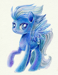 Size: 700x910 | Tagged: safe, artist:maytee, night glider, pegasus, pony, g4, colored pencil drawing, female, looking at you, mare, raised hoof, simple background, smiling, solo, spread wings, traditional art, white background, wings