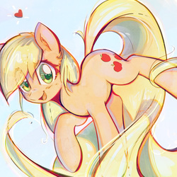 Size: 1700x1700 | Tagged: safe, artist:mirroredsea, applejack, earth pony, pony, cute, female, gradient background, heart, jackabetes, looking at you, mare, missing accessory, open mouth, raised hoof, smiling, solo
