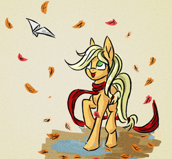 Size: 1239x1143 | Tagged: safe, artist:akweer, applejack, earth pony, pony, g4, autumn, clothes, female, leaf, mare, missing accessory, paper airplane, raised hoof, scarf, simple background, smiling, solo