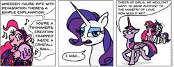 Size: 929x361 | Tagged: safe, artist:gingerfoxy, pinkie pie, rarity, twilight sparkle, alicorn, earth pony, pony, unicorn, friendship is witchcraft, pony comic generator, g4, 1984, comic, gypsy pie, romani, twilight sparkle (alicorn)