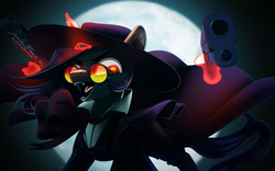 Size: 1920x1198 | Tagged: safe, artist:taneysha, oc, oc:lavrushka, pony, unicorn, alucard, anime, clothes, crossover, duality, fangs, female, full moon, glasses, glowing horn, gun, hat, hellsing, horn, mare, moon, weapon