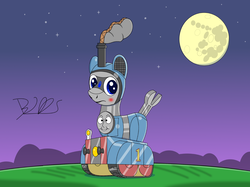 Size: 2000x1493 | Tagged: safe, artist:trackheadtherobopony, oc, oc only, oc:trackhead, pony, robot, robot pony, blushing, clothes, cosplay, costume, embarrassed, male, moon, night, nightmare night, signature, solo, stars, thomas the tank engine