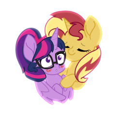 Size: 1500x1500 | Tagged: safe, artist:chautung, sci-twi, sunset shimmer, twilight sparkle, alicorn, pony, unicorn, g4, blushing, cute, equestria girls ponified, eyes closed, female, glasses, heart, hug, lesbian, mare, ponified, sci-twilicorn, ship:sci-twishimmer, ship:sunsetsparkle, shipping, simple background, twiabetes, twilight sparkle (alicorn), white background