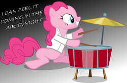 Size: 1997x1312 | Tagged: safe, artist:ahumeniy, artist:grapefruitface1, edit, vector edit, pinkie pie, earth pony, pony, g4, clothes, crossover, drummer, drums, female, gradient background, in the air tonight, mashup, music, musical instrument, musician, phil collins, ponified, solo, song reference, vector