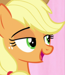 Size: 629x720 | Tagged: safe, screencap, applejack, earth pony, pony, fame and misfortune, g4, bedroom eyes, cropped, female, freckles, lidded eyes, mare, open mouth, solo