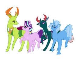 Size: 1280x1024 | Tagged: safe, artist:arirain, pharynx, starlight glimmer, thorax, trixie, changedling, changeling, pony, unicorn, g4, changedling brothers, eye contact, female, glimax, king thorax, looking at each other, male, mare, phartrix, prince pharynx, shipping, stallion, straight, table, unshorn fetlocks