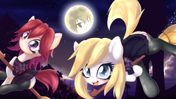 Size: 3840x2162 | Tagged: dead source, safe, artist:an-m, oc, oc only, oc:aryanne, oc:leonie, cat, earth pony, mouse, pony, aryan, aryan pony, blonde, blushing, broom, clothes, cloud, colored pupils, costume, duo, female, flying, flying broomstick, happy, high res, looking at you, mare, moon, nazipone, night, open mouth, panties, pony oc, red hair, skirt, skirt lift, smiling, socks, underwear, witch