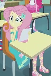 Size: 317x472 | Tagged: safe, screencap, fluttershy, equestria girls, equestria girls series, g4, barrette, clothes, cropped, cute, dress, feet, female, hairpin, hat, sandals, shyabetes, sitting, skirt, smiling, solo focus, test, toes