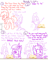Size: 1280x1611 | Tagged: safe, artist:adorkabletwilightandfriends, spike, twilight sparkle, oc, oc:marie, alicorn, dragon, earth pony, pony, comic:adorkable twilight and friends, g4, adorkable twilight, bag, burger, comic, dialogue, embarrassed, fast food, food, freckles, hay burger, lidded eyes, lineart, looking at each other, music notes, salad, slice of life, smiling, sweat, tray, twilight sparkle (alicorn), whistling