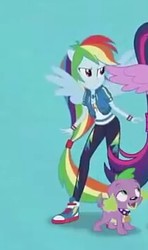 Size: 209x352 | Tagged: safe, screencap, rainbow dash, sci-twi, spike, spike the regular dog, twilight sparkle, dog, equestria girls, g4, my little pony equestria girls: better together, clothes, converse, cropped, geode of super speed, magical geodes, offscreen character, pants, ponied up, pony ears, sci-twilicorn, shoes, sneakers, wings