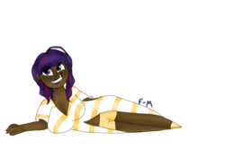 Size: 900x600 | Tagged: safe, anonymous artist, twilight sparkle, human, g4, anatomically incorrect, belly button, clothes, dark skin, female, freckles, gold, humanized, lipstick, messy hair, on side, pose, shorts, simple background, smiling, solo, transparent background