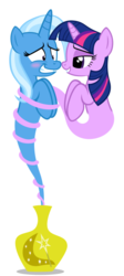 Size: 282x630 | Tagged: safe, artist:navitaserussirus, trixie, twilight sparkle, genie, asktwixiegenies, g4, blush sticker, blushing, cropped, female, geniefied, lesbian, ship:twixie, shipping, simple background, species swap, white background