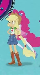 Size: 230x426 | Tagged: safe, screencap, applejack, pinkie pie, equestria girls, g4, my little pony equestria girls: better together, boots, clothes, cowboy boots, cowboy hat, cropped, denim skirt, geode of super strength, hat, piggyback ride, ponied up, pony ears, shoes, skirt, stetson
