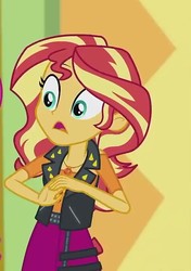 Size: 476x676 | Tagged: safe, screencap, sunset shimmer, a fine line, equestria girls, equestria girls series, g4, clothes, cropped, female, geode of empathy, jacket, leather jacket, magical geodes, skirt, solo