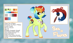 Size: 1636x964 | Tagged: safe, artist:frostedpuffs, oc, oc only, oc:sea of flames, pony, unicorn, female, mare, reference sheet, solo