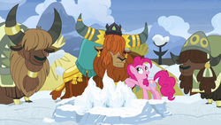 Size: 1280x720 | Tagged: safe, screencap, pinkie pie, prince rutherford, earth pony, pony, yak, not asking for trouble, crown, ear piercing, earring, female, horn ring, jewelry, mare, piercing, regalia, snow