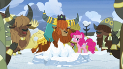 Size: 1280x720 | Tagged: safe, screencap, pinkie pie, prince rutherford, earth pony, pony, yak, not asking for trouble, cloven hooves, crown, ear piercing, earring, female, horn ring, jewelry, male, mare, open mouth, piercing, regalia, snow