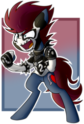 Size: 1995x2920 | Tagged: safe, artist:nekro-led, oc, oc only, oc:punch sideiron, earth pony, pony, abstract background, bandana, bottomless, clothes, commission, cutie mark, face paint, gloves, numbers, oakland raiders, open mouth, partial nudity, plate, skull, smiling, spikes