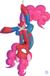 Size: 595x900 | Tagged: safe, artist:stasysolitude, pinkie pie, earth pony, pony, g4, clothes, cosplay, costume, crossover, female, male, mare, simple background, solo, spider-man, transparent background, upside down