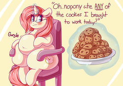Size: 3000x2110 | Tagged: safe, artist:graphenescloset, oc, oc only, oc:rose pendant, pony, abstract background, belly, belly button, big belly, blushing, chair, chubby, cookie, fat, fat fetish, fetish, food, glasses, glowing horn, high res, horn, magic, plate, sitting, telekinesis