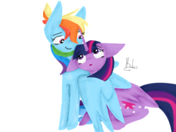 Size: 1024x768 | Tagged: safe, artist:tulleruby, rainbow dash, twilight sparkle, alicorn, pegasus, pony, g4, female, lesbian, looking at each other, mare, ship:twidash, shipping, simple background, snuggling, transparent background, twilight sparkle (alicorn)