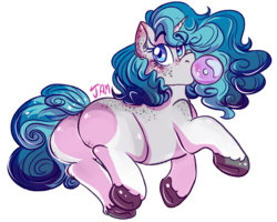 Size: 2500x2000 | Tagged: safe, artist:ihasjessie-kat, oc, oc only, oc:bubble lee, pony, unicorn, body freckles, bubblegum, butt, female, food, freckles, gum, high res, looking back, mare, plot, simple background, solo, transparent background