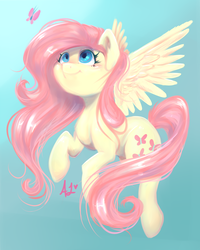 Size: 2000x2500 | Tagged: safe, artist:thefluffyvixen, fluttershy, butterfly, pegasus, pony, g4, female, flying, gradient background, high res, looking at something, looking up, mare, smiling, solo, spread wings, wings