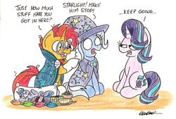 Size: 2305x1559 | Tagged: safe, artist:bobthedalek, starlight glimmer, sunburst, trixie, twilight sparkle, pony, unicorn, uncommon bond, :p, body pillow, brush, cape, clothes, comb, cricket ball, dialogue, featured image, female, frown, glare, glasses, hammerspace hair, hat, looking at each other, magic, male, mare, open mouth, pillow, rubik's cube, shrunken pupils, simple background, sitting, stallion, tongue out, traditional art, trixie's cape, trixie's hat, unamused, watching, white background, wide eyes