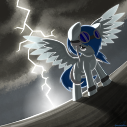 Size: 3200x3200 | Tagged: safe, artist:bluesparkks, oc, oc only, oc:zephyr (bluesparkks), pegasus, pony, goggles, high res, lightning, solo, spread wings, wings