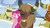 Size: 1280x720 | Tagged: safe, screencap, pinkie pie, prince rutherford, earth pony, pony, yak, g4, not asking for trouble, bipedal, ear piercing, earring, female, horn, horn ring, jewelry, mare, open mouth, piercing, snow, unnamed character, unnamed yak