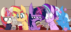 Size: 4000x1825 | Tagged: safe, artist:dragonpone, derpibooru exclusive, moondancer, starlight glimmer, sunset shimmer, trixie, twilight sparkle, alicorn, pony, unicorn, :t, blushing, cheek fluff, cherry, chest fluff, chocolate, clothes, coffee, coffee shop, counterparts, cup, cute, diatrixes, drink, drinking, drinking straw, ear fluff, eyes closed, food, glasses, hot, hot chocolate, iced coffee, levitation, lidded eyes, magic, magical quartet, magical quintet, marshmallow, milkshake, mug, ouch, pain, puffy cheeks, scrunchy face, shimmerbetes, shrunken pupils, smiling, spilled drink, steam, sweater, teabag, teacup, telekinesis, that pony sure does love teacups, twilight sparkle (alicorn), twilight's counterparts, unamused